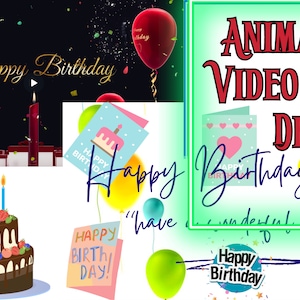 2 video's met liedjes voor Happy Birthday, geanimeerde wenskaarten Aanpasbare bewerkbare bundeldeal-e-card, digitale kaart om te verzenden via e-mail, sms of gif