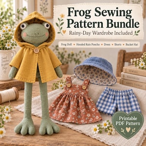 Pode incluir: Uma boneca sapo de tecido verde com um poncho amarelo com capuz, acompanhada por um vestido floral, calções de xadrez azul e um chapéu reversível. O texto diz Frog Sewing Pattern Bundle, Rainy-Day Wardrobe Included e Printable PDF Pattern.
