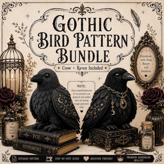 Gothic Crow Raven Plush Sewing Pattern Bundle, PDF Felt Bird Tutorial, Dark Academia Decor