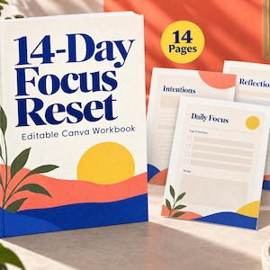 Puede incluir: Un libro de trabajo editable de Canva 14-day focus reset con portada blanca, texto azul oscuro, un sol amarillo y formas de paisaje abstractas en rojo y azul. El conjunto incluye varias páginas impresas con secciones para objetivos.