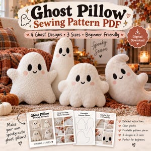 Ghost Pillow Sewing Pattern PDF, 4 Halloween Ghost Patterns, 3 Sizes, Beginner Plush Cushion Pattern, Spooky Fall Decor DIY