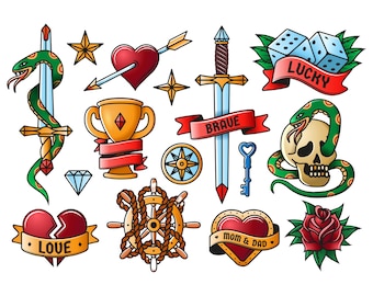 Set di vettori di tatuaggi retrò, Flash vecchia scuola (download digitale)