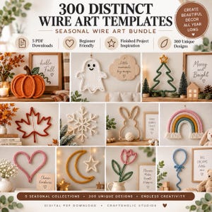 Könnte beinhalten: Ein digitales Paket mit 300 verschiedenen Drahtkunst-Vorlagen, die saisonale Motive wie Kürbis, Geist, Weihnachtsbaum, Ahornblatt, Schneeflocke, Hase, Regenbogen, Herz, Mond, Stern, Tulpe und Luftballon zeigen, bereitgestellt als 5 PDF-Downloads.