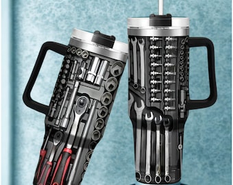 40oz Stainless Steel Tumbler, Tool Pattern Design Printed Insulated, Handle, Straw