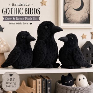 Pacote de Moldes de Costura de Pelúcias Góticas, Corvo, Corvo-marinho, Morcego em PDF, 4 Moldes de Pelúcias de Halloween com Tutoriais Passo a Passo, Download Imediato