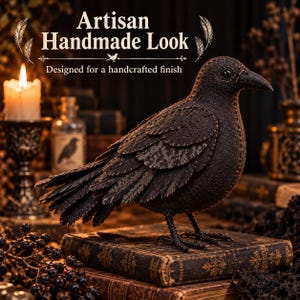 May include: A black fabric crow figurine featuring visible stitched detailing on the wings and body. The text "Artisan Handmade Look" and "Designed for a handcrafted finish" is displayed above the bird, which stands on a dark vintage book.