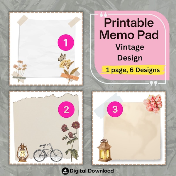 Memo Pad Vintage Design, 3x3 Sticky Notes, Stationery, Printable PDF, Digital Download