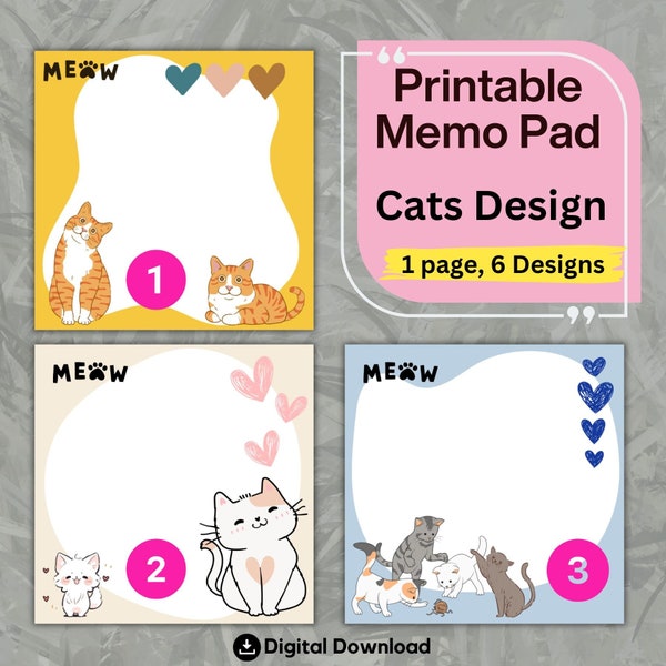 Memo Pad Cat Design, 3x3 Sticky Notes, Note Pad, Printable Pdf, Digital Download