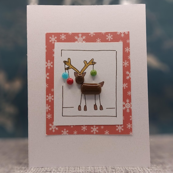 Handmade Christmas Fused Glass Reindeer Christmas Card, Cute Christmas Card