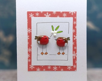 Handmade Fused Glass Robin Christmas Card, Cute Robin Festive Card, Mistletoe Christmas Card