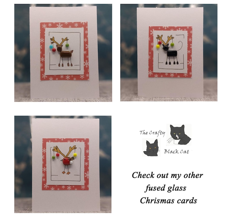 May include: Three white greeting cards featuring a central rectangular panel with a red snowflake pattern. Each card displays a hand-drawn animal illustration with attached glass beads. Text reads: The Crafty Black Cat Check out my other fused glass Chrismas cards.