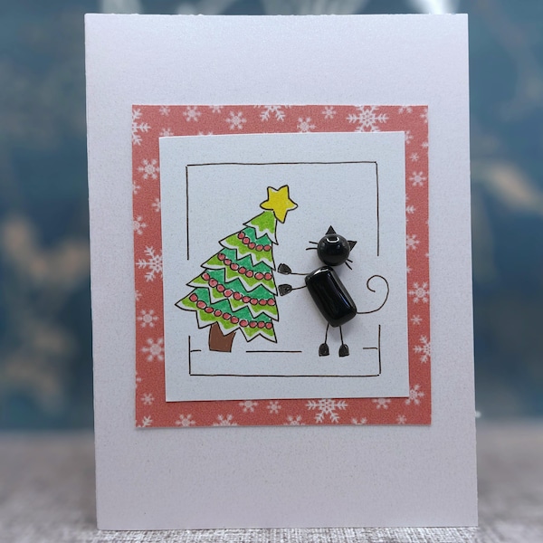 Handmade Fused Glass Cat, Cute Christmas Card, with Christmas Tree