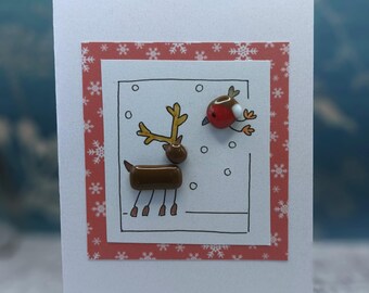 Handmade Christmas Fused Glass Reindeer  and Robin Christmas Card, Cute Christmas Card