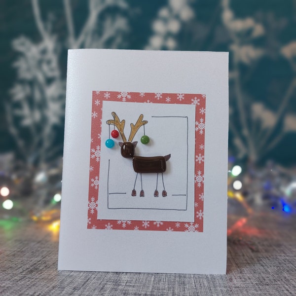 Handmade Christmas Fused Glass Reindeer Christmas Card, Cute Christmas Card