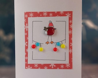 Handmade Fused Glass Robin Christmas Card, Cute Christmas Card with Festive Glass Lights