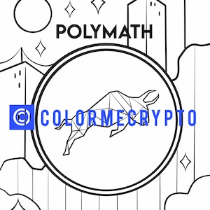 Może przedstawiać: Czarno-biała ilustracja liniowa przedstawiająca byka w kółku z tekstem "Polymath" nad nim i "Colormecrypto" pod nim. Byk jest stylizowany za pomocą kształtów geometrycznych i skacze.