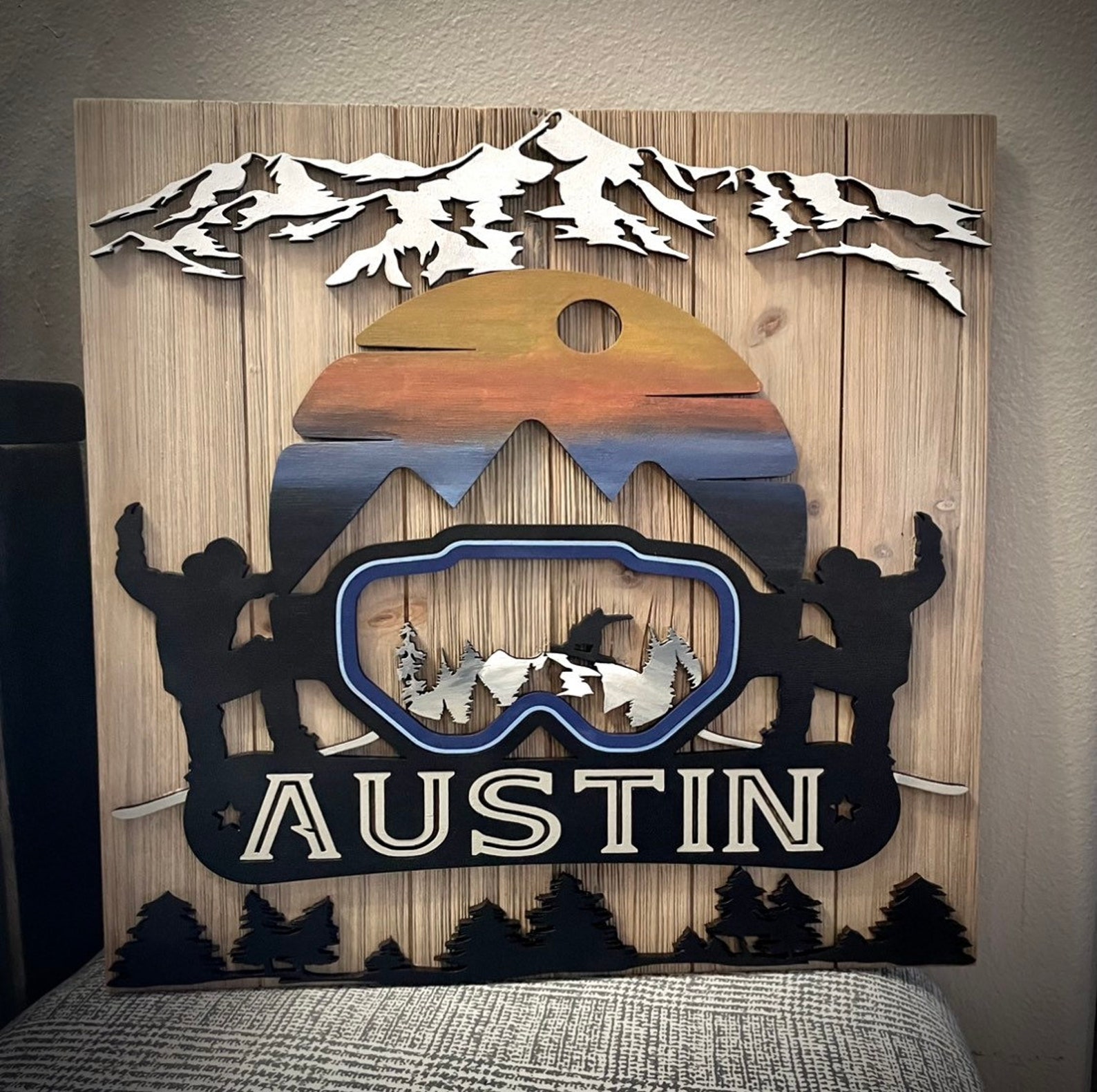 7. Personalized Snowboarding Layered Artwork Sign