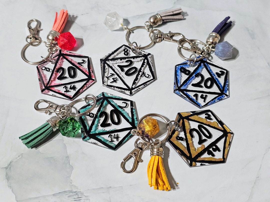 Hand Painted D20 Acrylic Keychains With Color Accents And Mini D20 