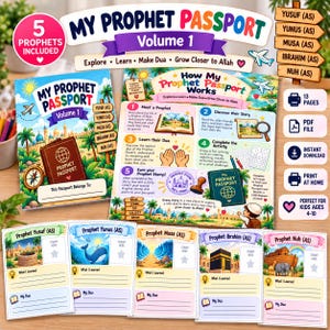 May include: A digital educational activity set titled My Prophet Passport Volume 1, featuring a cover, instructional guide, and five individual prophet-themed worksheets for children, including illustrations of Yusuf, Yunus, Musa, Ibrahim, and Nuh.