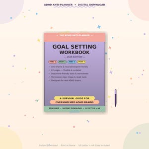 Peut inclure: Un téléchargement numérique intitulé "Goal Setting Workbook - 2026 Edition". Le cahier est conçu pour les cerveaux TDAH et comprend des outils, des feuilles de calcul et des autorisations. La couverture est violette et rose avec un stylo noir.
