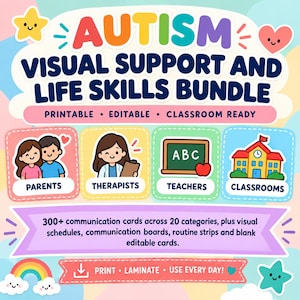 May include: A digital educational resource titled Autism Visual Support and Life Skills Bundle. It features colorful icons for parents, therapists, teachers, and classrooms, plus 300+ communication cards, visual schedules, and editable cards.