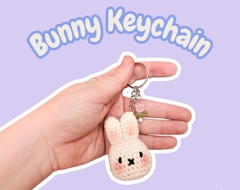 Crocheted Bunny Keychain with Tulip Charm – Handmade Amigurumi Bag Accessory