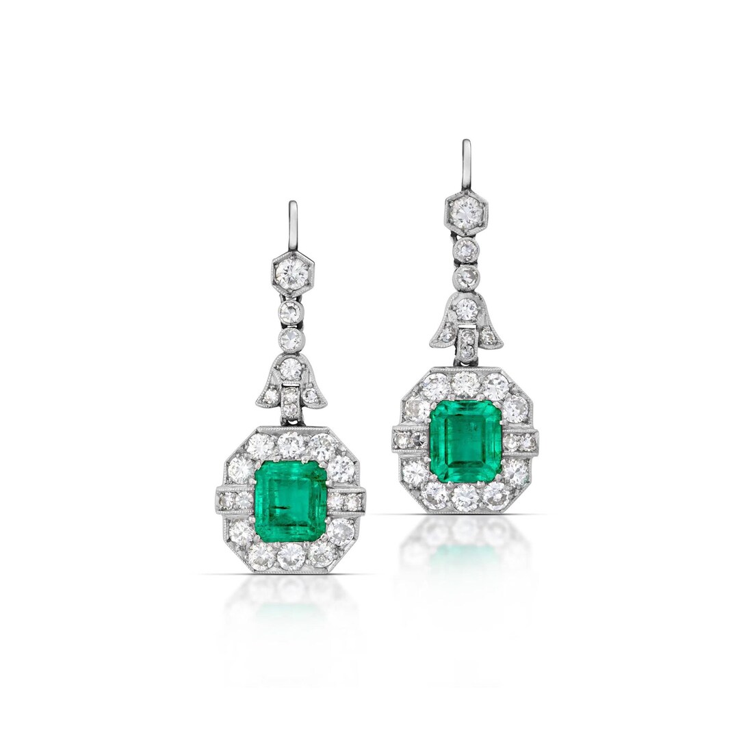 Antique Synthetic Emerald and Diamond Drop Earrings for Women 925 Sterling Silver Green and