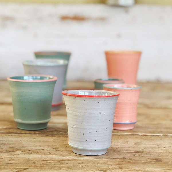 Trio handmade ceramic tumbler | Coffee cup with no handle | Green, gray, and pink tumbler
