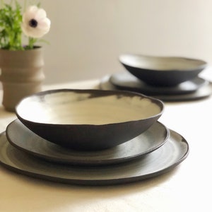 Rustic dinnerware set | Black and white ceramic plates | Handmade ceramics pottery dinner set