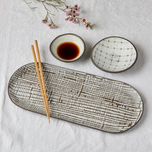 Black and white ceramic tray with pattern | Oval platters | Japanese sushi dinner set