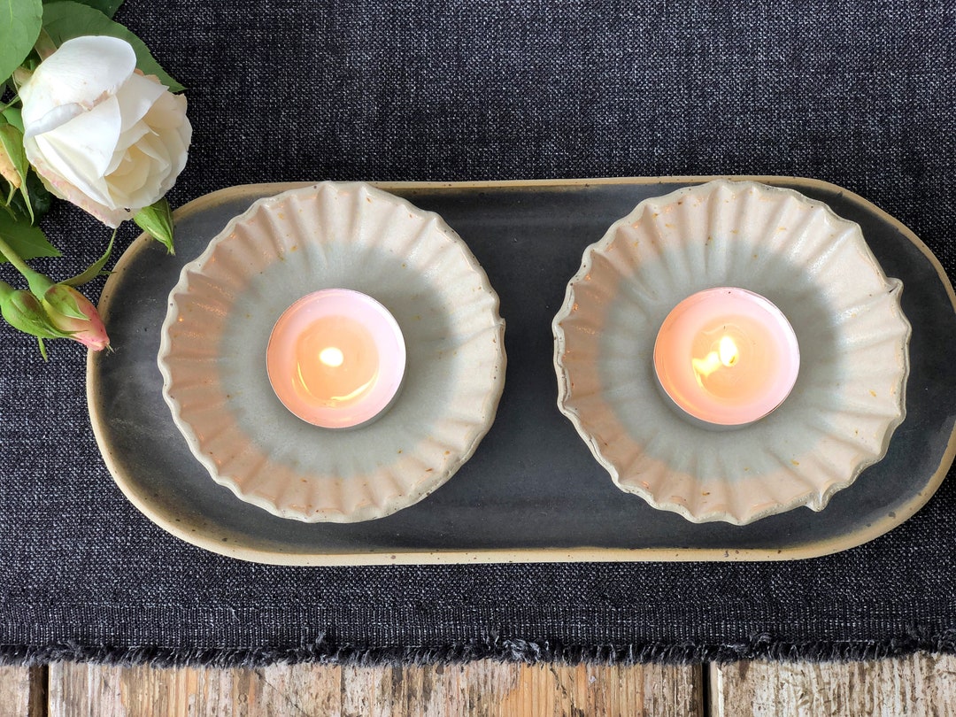 Handmade Ceramic Tea Light Candle Holders: Striped Texture, Set of 2 - Etsy