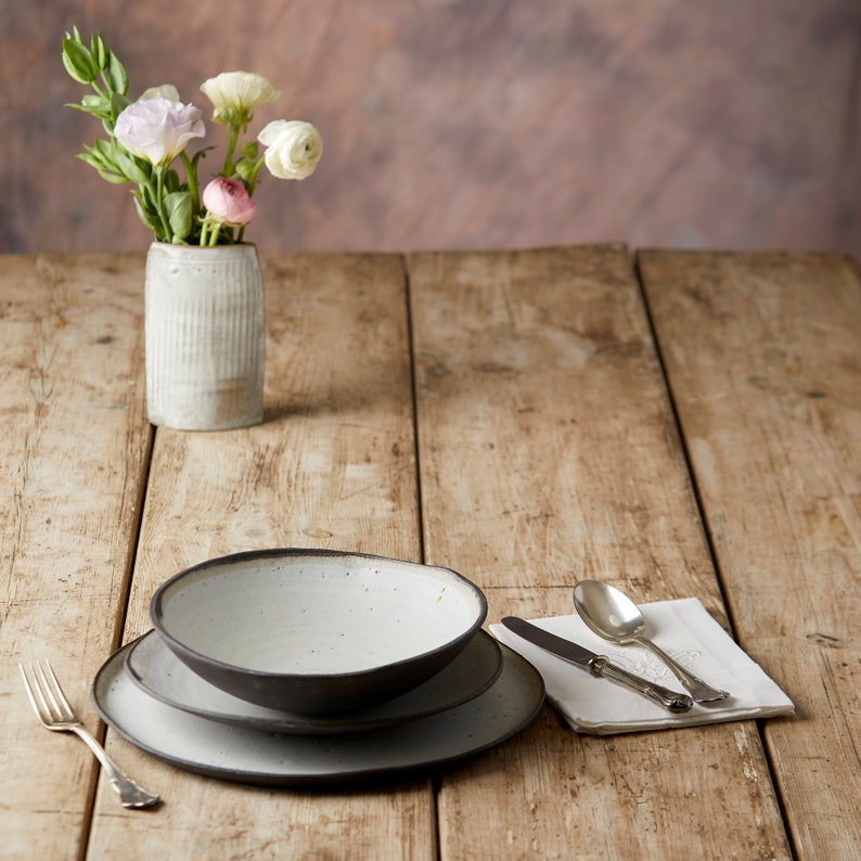 Rustic dinnerware set Black and white ceramic plates Handmade ceramics pottery dinner set image 4