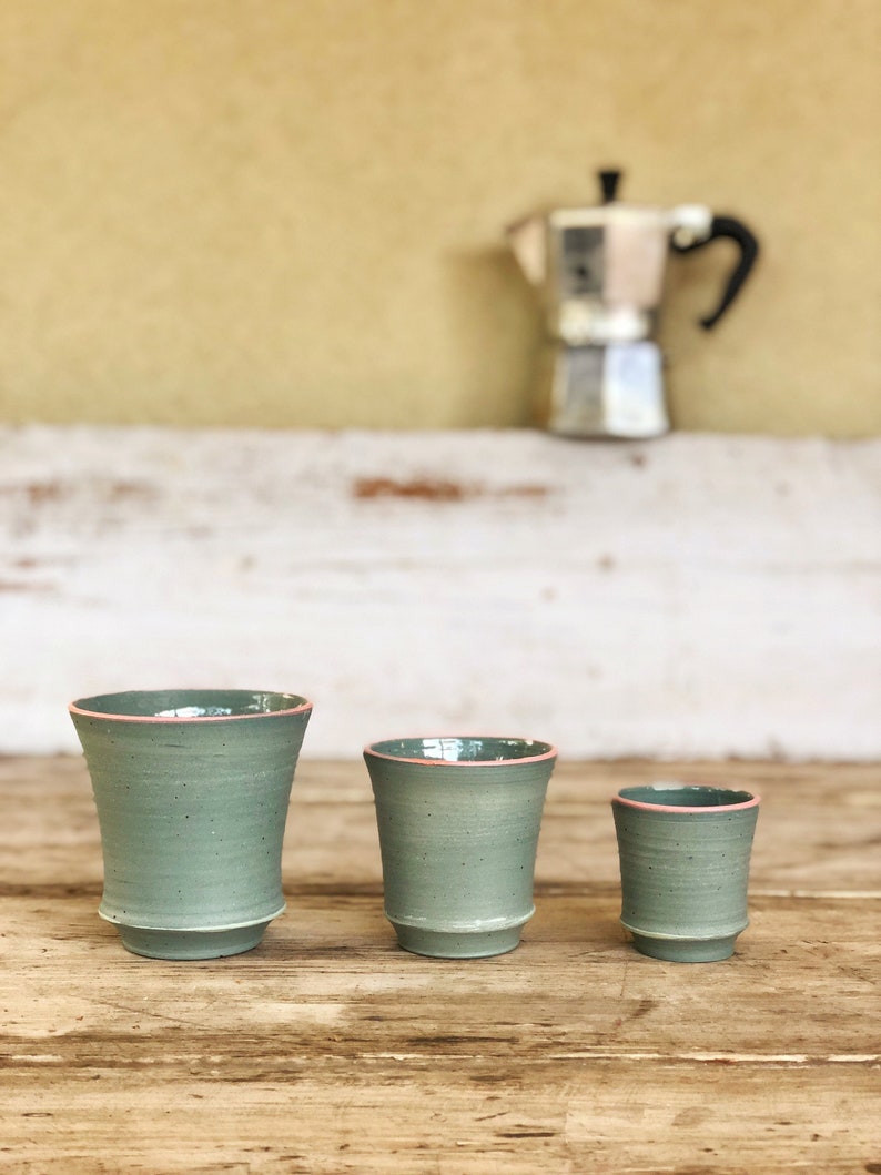 Espresso green cup Trio handmade ceramic tumbler Coffee cup with no handle Green