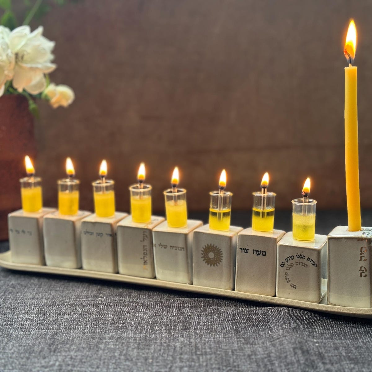 Modern Ceramic Hanukkiah – Minimalist Menorah With Gold Hebrew Text – Handmade Judaica – for Candles or Oil - Etsy