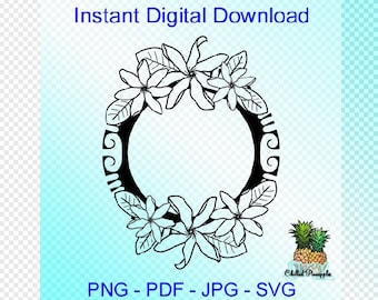 May include: Black and white digital download of a floral wreath with a circular frame. The wreath is made of leaves and flowers. The text "Instant Digital Download" and "PNG - PDF - JPG - SVG" are also included in the image.