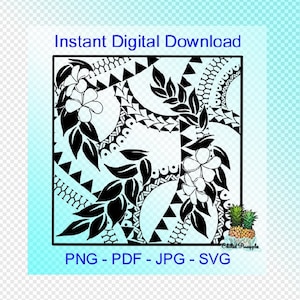 Puede incluir: Diseño de descarga digital en blanco y negro con un patrón geométrico y elementos florales. El diseño incluye un patrón repetitivo de triángulos, círculos y hojas. El diseño es perfecto para proyectos de manualidades, scrapbooking y más.