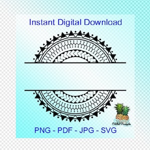 Puede incluir: Descarga digital en blanco y negro de un diseño de medio círculo de estilo polinesio con el texto "Descarga digital instantánea" y "PNG - PDF - JPG - SVG".