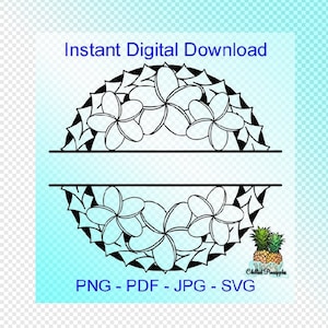 Puede incluir: Descarga digital en blanco y negro de un diseño floral con un espacio en blanco en el medio para texto. El diseño tiene la forma de un semicírculo y presenta un patrón repetitivo de flores. El texto "Descarga digital instantánea" está en la parte superior de la imagen y el texto "PNG - PDF - JPG - SVG" está en la parte inferior de la imagen.