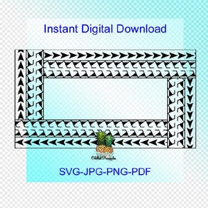 Peut inclure: Cadre de téléchargement numérique noir et blanc avec un motif de flèches de style hawaïen. Le cadre est entouré d'une bordure de motifs d'ananas. Le texte "Téléchargement numérique instantané" et "SVG-JPG-PNG-PDF" sont inclus dans l'image.