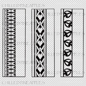 May include: Three black and white border designs. The first design has a repeating geometric pattern. The second design has a repeating diamond pattern. The third design has a repeating leaf pattern.