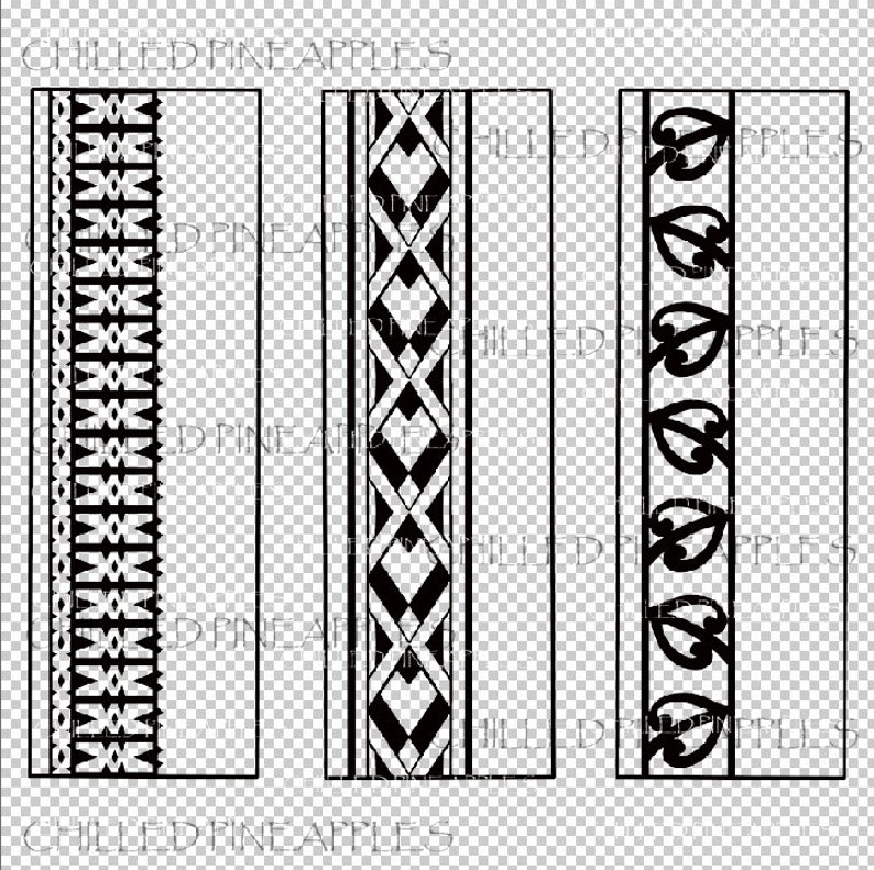 May include: Three black and white border designs. The first design has a repeating geometric pattern. The second design has a repeating diamond pattern. The third design has a repeating leaf pattern.