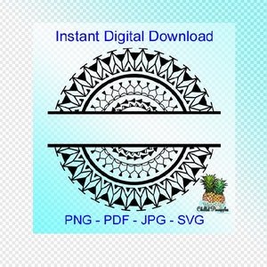 Puede incluir: Diseño de mandala dividido en blanco y negro con un espacio en blanco en el medio para texto. El diseño es perfecto para crear manualidades y proyectos personalizados. La imagen incluye el texto "Descarga digital instantánea" y "PNG - PDF - JPG - SVG".