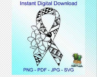 May include: Black and white digital download of a ribbon with a Polynesian pattern and a flower design. The text "Instant Digital Download" and "PNG - PDF - JPG - SVG" are also included in the image.