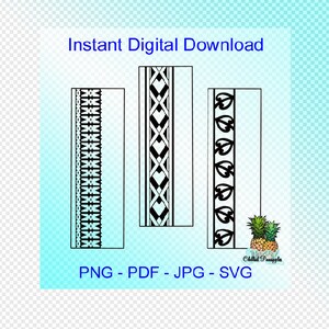 May include: Three black and white digital designs for borders. The designs include a geometric pattern, a pattern of hearts and diamonds, and a pattern of leaves. The text "Instant Digital Download" and "PNG - PDF - JPG - SVG" is included in the image.