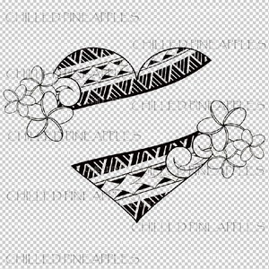 May include: Black and white line art illustration of a heart with a Polynesian tribal design. The heart is surrounded by a cluster of white plumeria flowers.