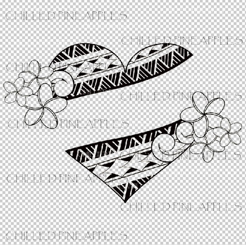 May include: Black and white line art illustration of a heart with a Polynesian tribal design. The heart is surrounded by a cluster of white plumeria flowers.