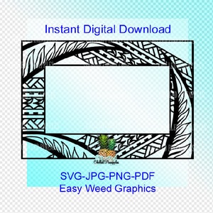 Peut inclure: Un graphique de téléchargement numérique noir et blanc d'un cadre avec un ananas au centre inférieur. Le cadre est composé d'un motif répétitif de feuilles et de formes géométriques. Le texte "SVG-JPG-PNG-PDF Easy Weed Graphics" est sous l'ananas.