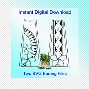 Puede incluir: Dos archivos SVG de pendientes en blanco y negro con un diseño floral y geométrico. El texto "Descarga digital instantánea" y "Dos archivos SVG de pendientes" está incluido en la imagen.