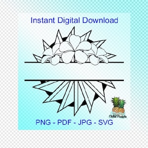 Puede incluir: Diseño de monograma dividido en blanco y negro con un arreglo floral de flores de plumeria y hojas. El diseño es perfecto para crear regalos personalizados y decoración para el hogar.