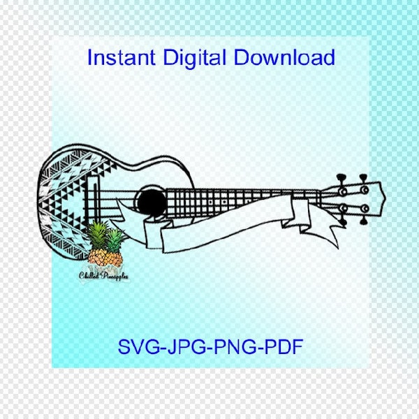 Digital Download - Polynesian Ukulele w/Tribal Designs Text Box Graphics - pdf, jpg, png, svg - Cut Files - Clipart